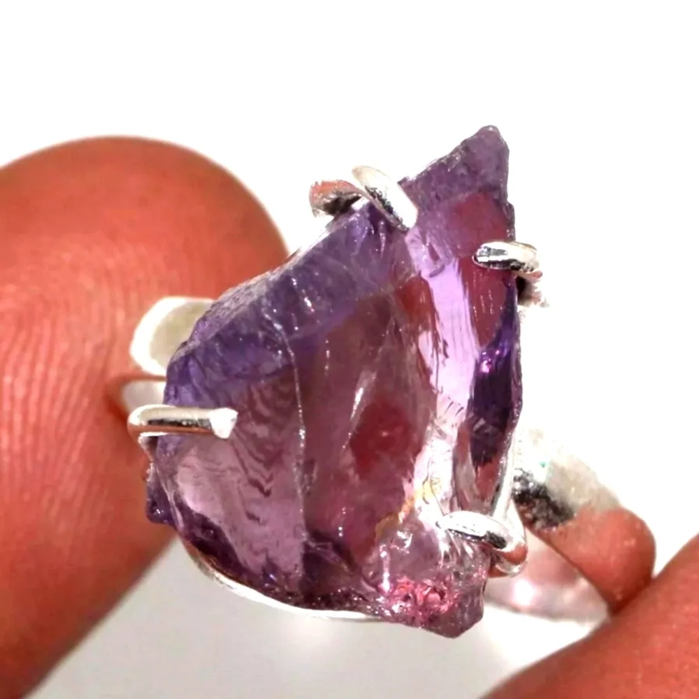 NEW 925 Silver Plated Amethyst Rough Natural Gemstone Ring Jewelry US Size 7.5